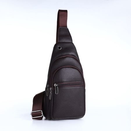 Male sling bag, artificial leather, headphone opening, brown color-1