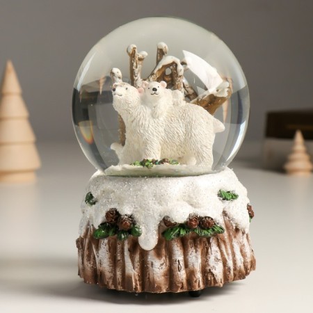 Souvenir Polystone Water Ball Music "White Bears in the Forest" 11.5x11.5x14 cm-1