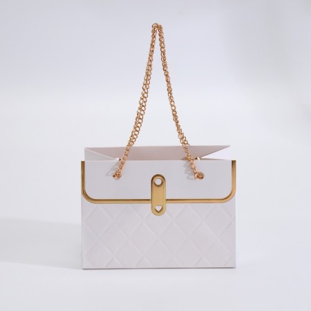 Packet for flowers, handle chain, "white", with gold embossing, 15 x 10.5 x 10 cm-1