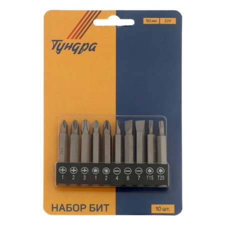 Набор бит ТУНДРА, сталь CrV, PH, PZ, SL, Torx х 50 мм, 10 шт.-2
