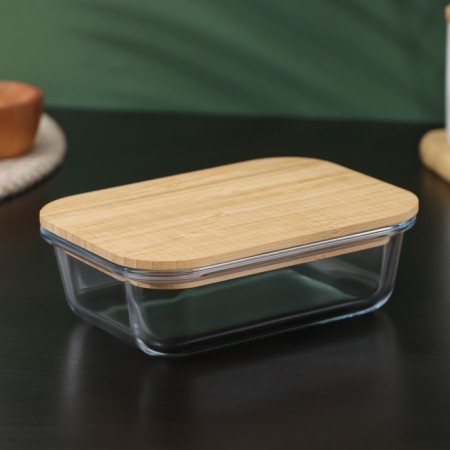 A container of heat -resistant glass with a bamboo cover Bellatenero Eco, 640 ml