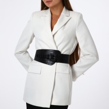 Women's belt, width 11 cm, leather buckle, black color
