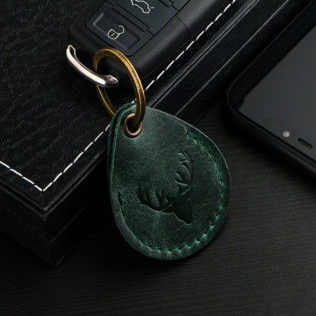 Leather keychain for a car key, label, drop, genuine leather, green, deer-1