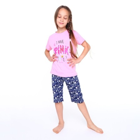 Pajamas (T -shirt, breeches) for girls, pink/blue color, height 122 cm