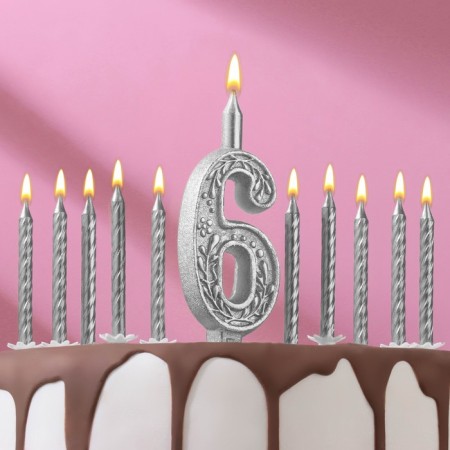 Set of candles number "6" + classic, silver, 10 cm