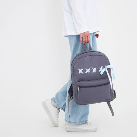 School textile school backpack with ribbons, 38x29x11 cm, gray color, lightning department-6