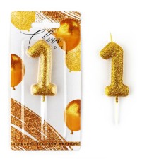 A candle for a cake, a number, brilliant “1”, gold, 4 x 10 cm.
