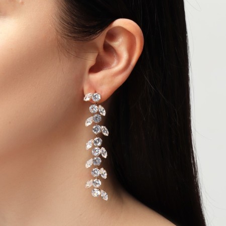 Hanging earrings with rhinestones "Blink" with leaves, white color in gold, 8 cm-2