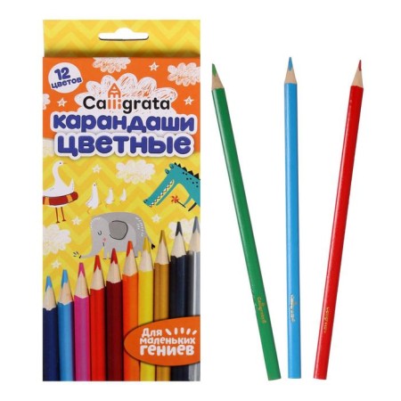 Pencils colored 12 colors, wooden, triangular body, in a cardboard box