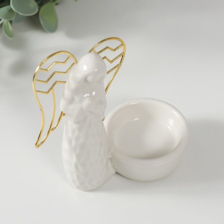 Ceramics candlestick, metal on 1 candle "Angel. Prayer" white 10x5.4x10.7 cm-4