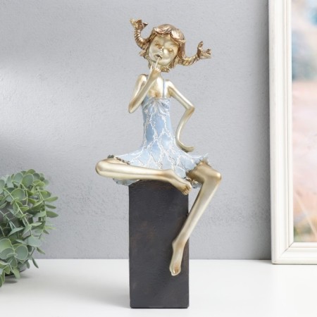 Souvenir Polystone "Girl in Cuba, with pigtails" gold with blue 16x12x37 cm