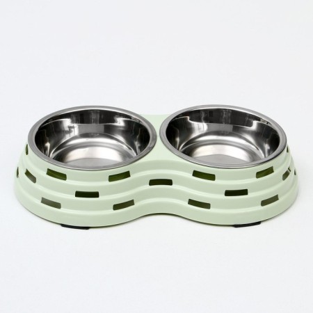 Metal dual bowl on a plastic base 2 x 160 ml, 25 x 14 x 5 cm, green-2