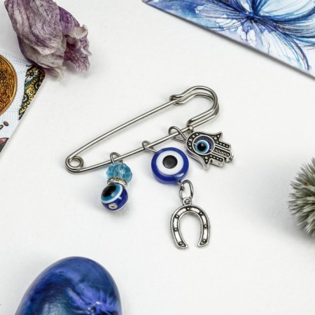 Pin-shaped 3 pendants “Hams Hand with a horseshoe and bead”, 5 cm, blue color in silver-1