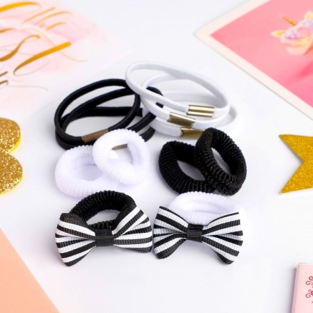 Hair gum "Bow" (set 12 pcs) strips, black and white-1