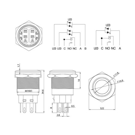 Anti-Vandal button Ø19 250V Fix (5C) Off-on/on -off subv/blue Rexant-3