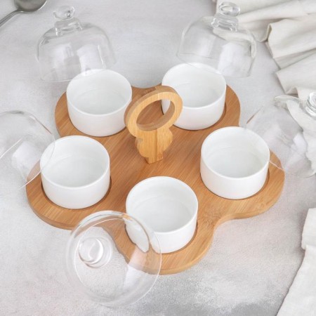 A set of ceramic saucers on a wooden stand "Estet", 5 objects, white color-2