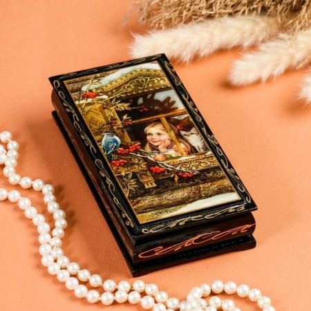 Casket - a bill "Girl by the window", 8.5 × 17 cm, lacquer miniature