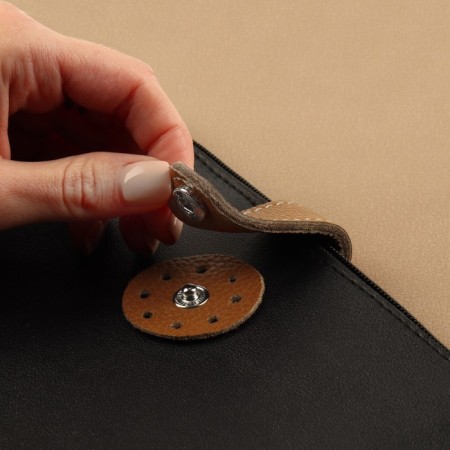 The fastener is sewn for a bag, on a button, made of genuine leather, 13.5 × 2.5 cm, brown/silver color-4