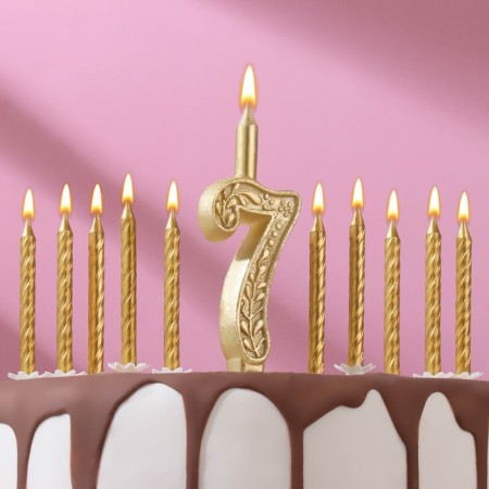 Set of candles number "7" + classic, gold, 10 cm