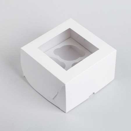 Confectionery folding box for cupcakes with a window for 4 pcs, white, 16 x 16 x 10 cm