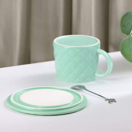 Tea couple ceramic with a spoon "Bow", 2 items: a mug 350 ml, a saucer d = 15 cm, green color-3