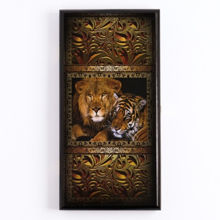 Backgammon "lion and tiger", wooden board 40 x 40 cm, with a field for playing checkers
