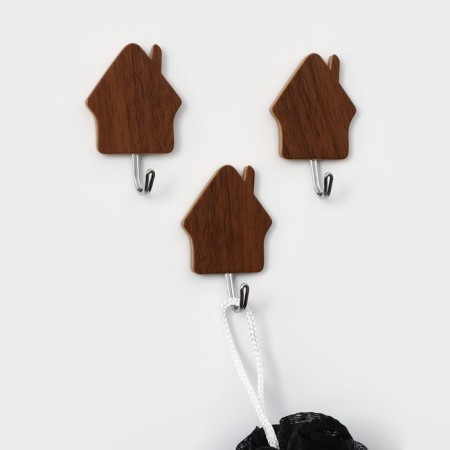 Hooks of self -adhesive deed "wooden houses", 3 pcs, a dark tree color-2
