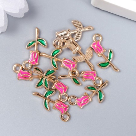 Decor for creativity metal, enamel "Rose on the stem" Pink 1.8x1 cm-2