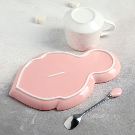 Tea couple ceramic "leaf", 3 objects: a cup 320 ml, a saucer 25.5 × 16 cm, a spoon, pink color-2