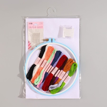 Cross embroidery kit: canvas without a drawing 30 × 20 cm, threads 20 pcs, hoop d = 18 cm, needles 6 pcs, bobbins 10 pcs, color mix-8