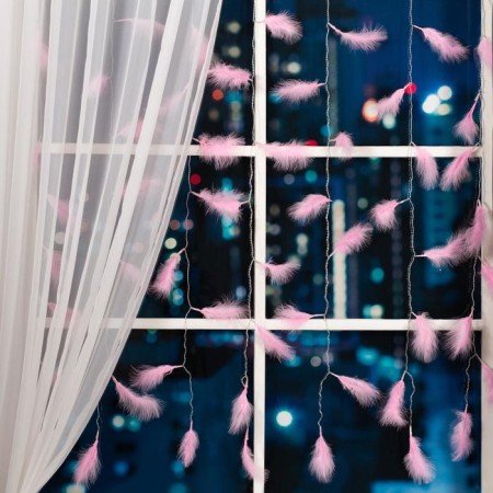 Garland "Curtain" 3 × 1.4 m with nozzles "feathers", IP20, transparent thread, 80 LED, pink glow, 8 modes, 220 V-1