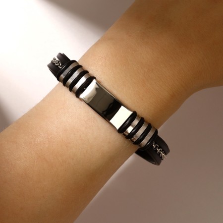 Bracelet Unisex "Style" rectangle with a chain, black color with silver, 23 cm-3