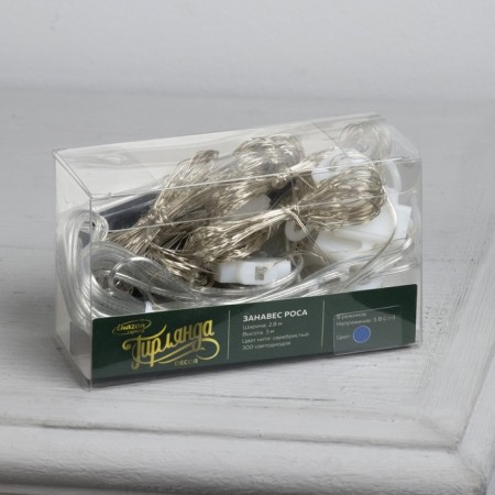 Garland "Curtain" 2.8 × 3 m dew on hooks, with a remote control, IP20, silver thread, 300 LED, glow blue, 8 modes, USB-3