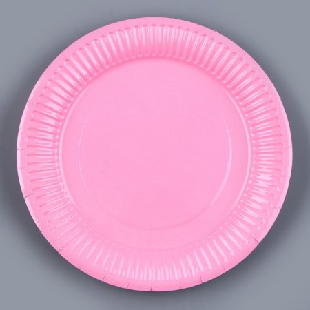 Set of paper dishes is disposable: 6 plates, 6 glasses, pink color-3