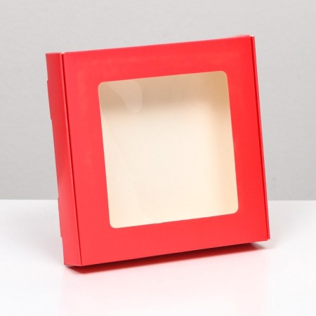 The box is self -assembly, with a window, red, 16 x 16 x 3 cm, set 5 pcs.
