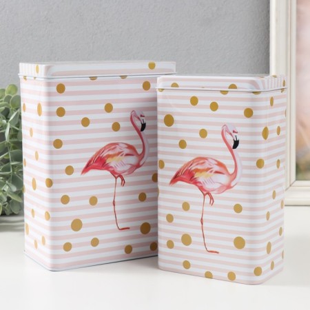 Rectangular metal box "Flamingo and golden peas" nr 2 pcs 7x11x18.5 8.5x14x20 cm