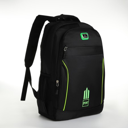Young backpack from textiles with a zipper, 4 pockets, black/green color-2