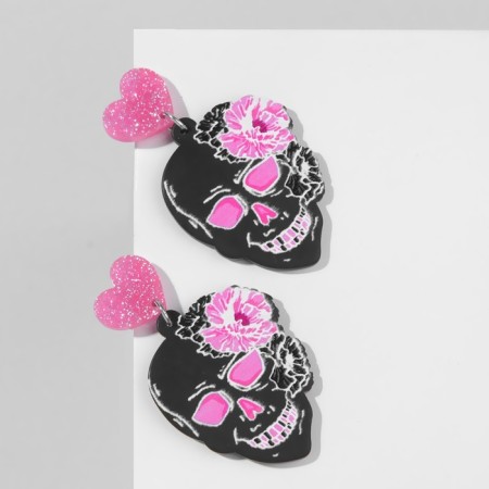 Acryl Earrings "Skulls" flowers and hearts, black-pink color in silver-1