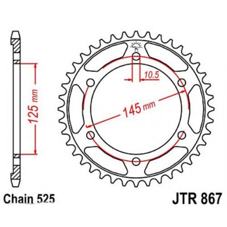 The rear star, driven JTR867 steel, chain 525, 42 teeth