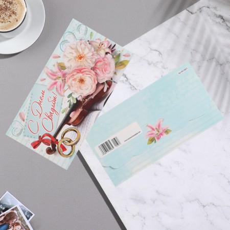 Money envelope "Happy Wedding Day!" pink flowers,-1