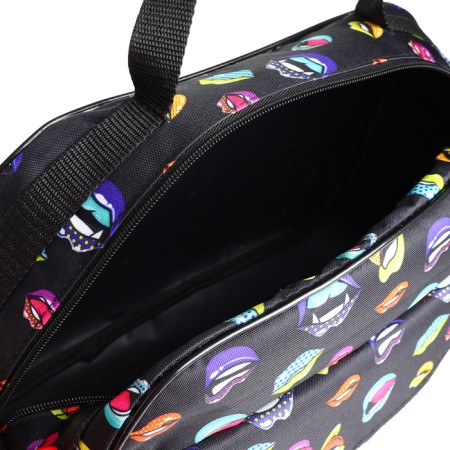Road bag with zipper, external pocket, long belt, black color/multi -colored-2
