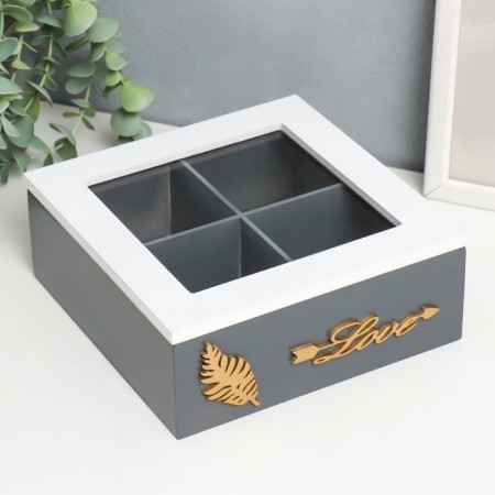 Casket wood, glass with divisions "Fern sheet" white-gray 18x18x7 cm
