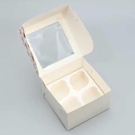 Folding box for 4 cupcakes with the window “Happy New Year!”, Sweets, 16 x 16 x 10 cm, New Year-3