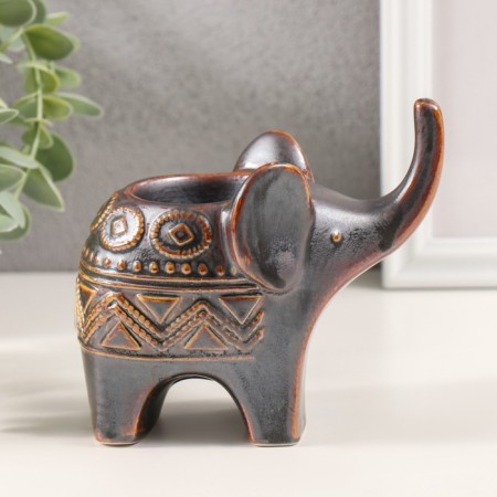 Ceramics candlestick for 1 candle "Elephant. Ethnic patterns" brown 7x11.5x10.5 cm-4