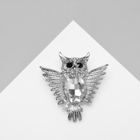Owl brooch with open wings, white color in silver-1