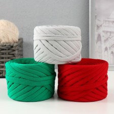 Knitted yarn set No. 1, 3x30 m, width 7-9 mm, 100 g (gray, red, kiwi)
