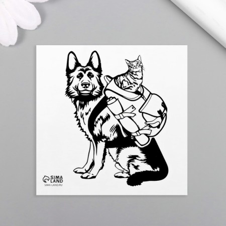 Tattoo on the body black "Dog with a cat in a backpack" 6x6 cm-3