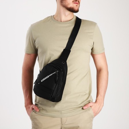 Male sling bag from textiles, headphone opening, black color-8