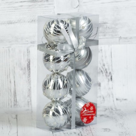 Set of balls plastic D-6 cm, 8 pcs "Pearl Orion" silver-1