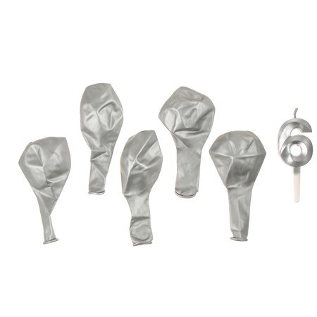 Set of candle in cake + 5 balls, number 6, silver-2